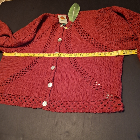 Farm Rio Handmade Crochet Dark Red Long Sleeve Cropped Sweater Women Size Medium - Picture 11 of 16